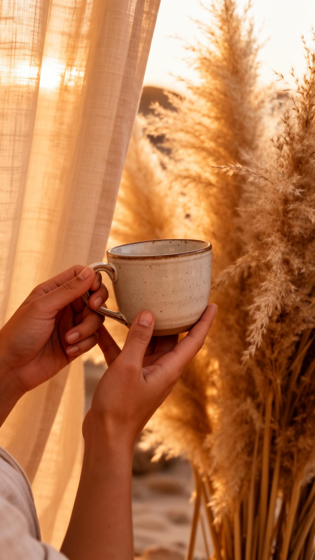 Mains tenant une tasse en céramique près des pampas, lumière dorée