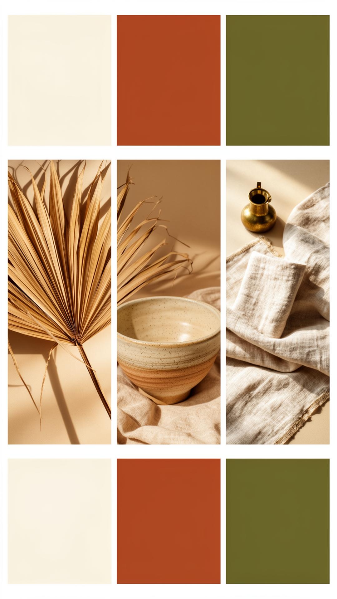 Moodboard d'identité visuelle aux teintes crème, terracotta et olive