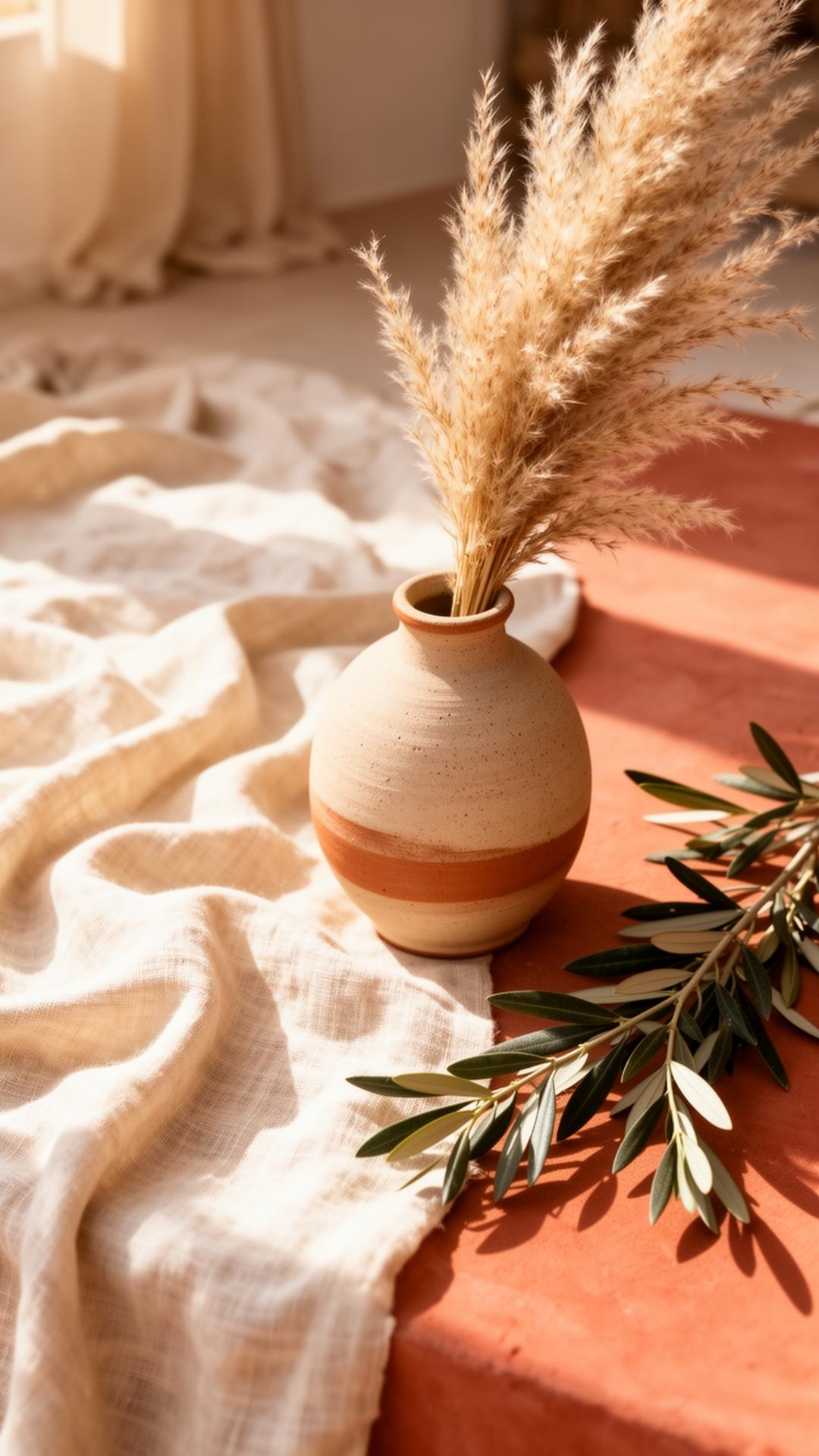 Vase en céramique avec pampas et branche d'olivier